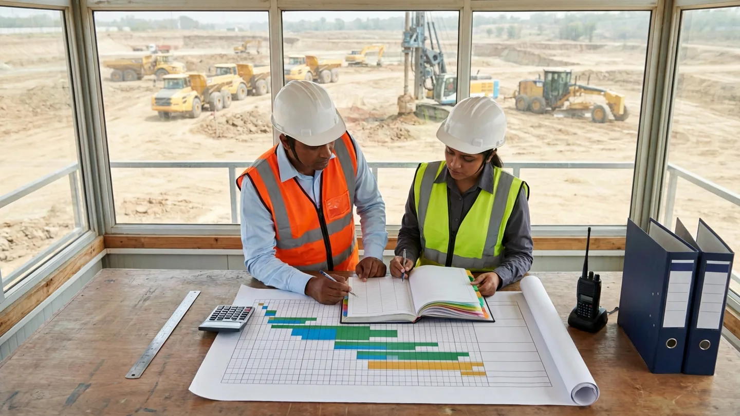 Indian male plant operations analyst in a white safety helmet, light-blue shirt, and orange high-visibility vest and female project cost engineer in a white safety helmet, charcoal shirt, and yellow-green high-visibility vest standing at a wide timber desk cross-checking an open colour-tabbed hardcover machine-utilisation logbook with pens against an unrolled horizontal bar chart showing green, blue, and amber equipment time segments, flanked by a steel straightedge ruler and a desktop calculator on the left and a black handheld two-way radio in its cradle and two upright navy lever-arch binders on the right overlooking dump trucks, a rotary piling rig, and a motor grader