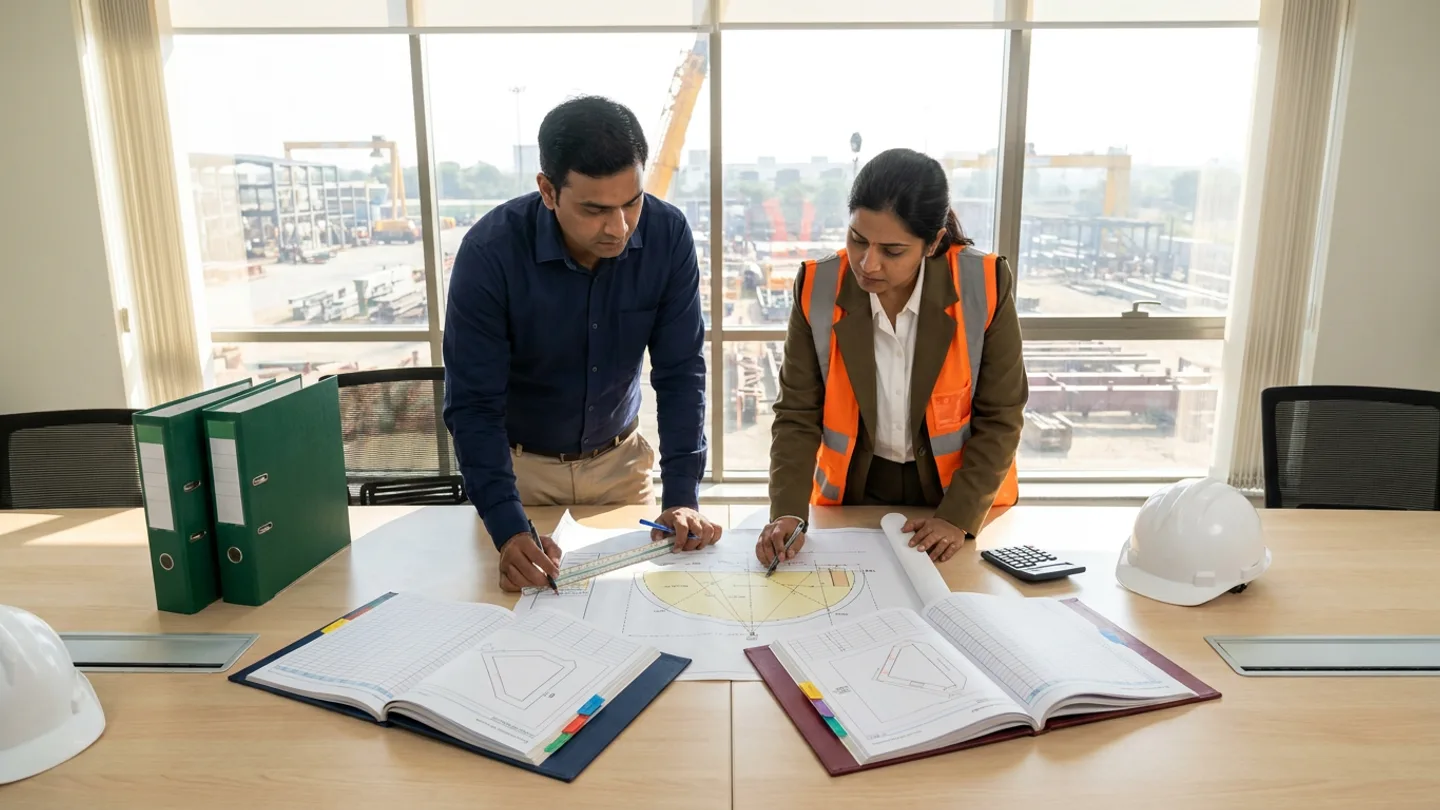 Indian male lead tendering estimator in a navy button-down shirt and female project controls manager in an olive-brown blazer and orange high-visibility vest standing at an ash-wood table cross-referencing an open navy hardcover tender-assumptions register and an open burgundy hardcover execution-budget ledger with pens and a steel straightedge ruler across an unrolled crane-reach phasing diagram, flanked by two upright forest-green lever-arch binders, a desktop calculator, and two white safety helmets overlooking a structural steel staging yard