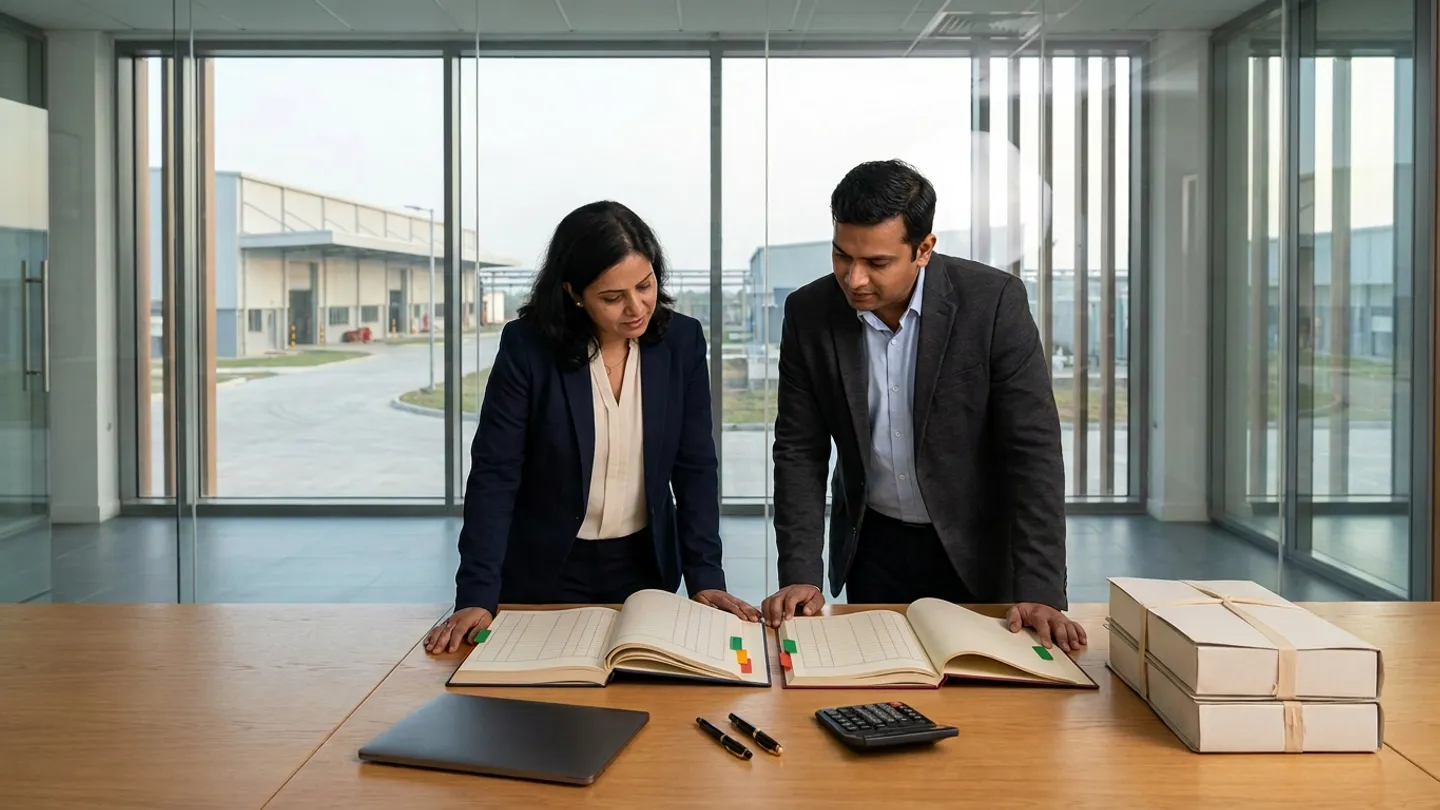 Indian female senior commercial manager in a navy blazer over a cream blouse and male client quantity surveyor in a charcoal jacket and light-blue shirt standing at a warm oak conference table inside a glass-partitioned office overlooking a completed industrial plant building, reviewing an open navy hardcover final-account register and an open burgundy hardcover exceptions dossier with green, amber, and red margin index tabs beside a closed dark-grey laptop, two capped black-and-brass pens, a matte-black desktop calculator, and two stacked cream archival box folders tied with cotton tape
