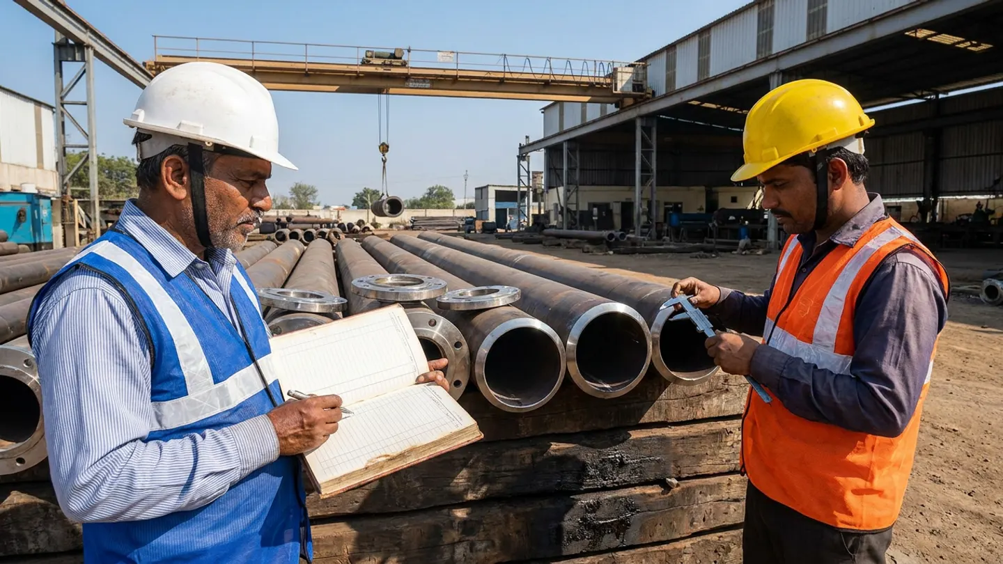 Indian client stores controller in a white helmet and blue reflective vest holding an open custody register and pen beside a subcontractor supervisor in a yellow helmet and orange vest measuring a bevelled steel line pipe with a vernier caliper in a gantry crane yard