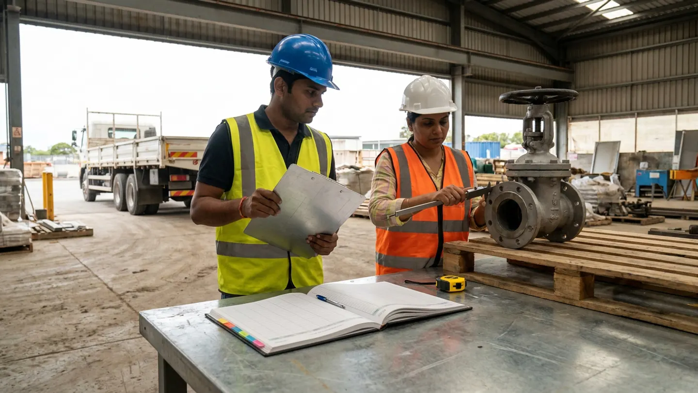 Indian site stores receiving officer in a blue safety helmet and yellow high-visibility vest holding a brushed-aluminium clipboard and female quality control inspector in a white safety helmet and orange high-visibility vest measuring a flanged cast-steel gate valve on a wooden pallet with a stainless-steel vernier caliper beside a steel bench holding an open colour-tabbed receiving register, a pen, and a yellow tape measure, with a flatbed delivery truck in the bay behind them