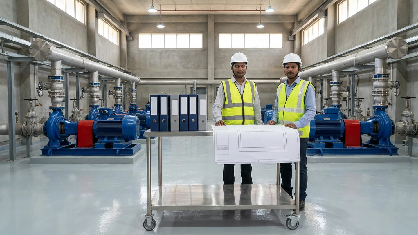 Two Indian commissioning and project engineering leads in white safety helmets and high-visibility yellow vests standing behind a stainless-steel mobile inspection cart holding six upright navy and grey turnover dossier binders and an unprinted piping layout schematic inside a newly commissioned industrial pump house with blue electric pump skids