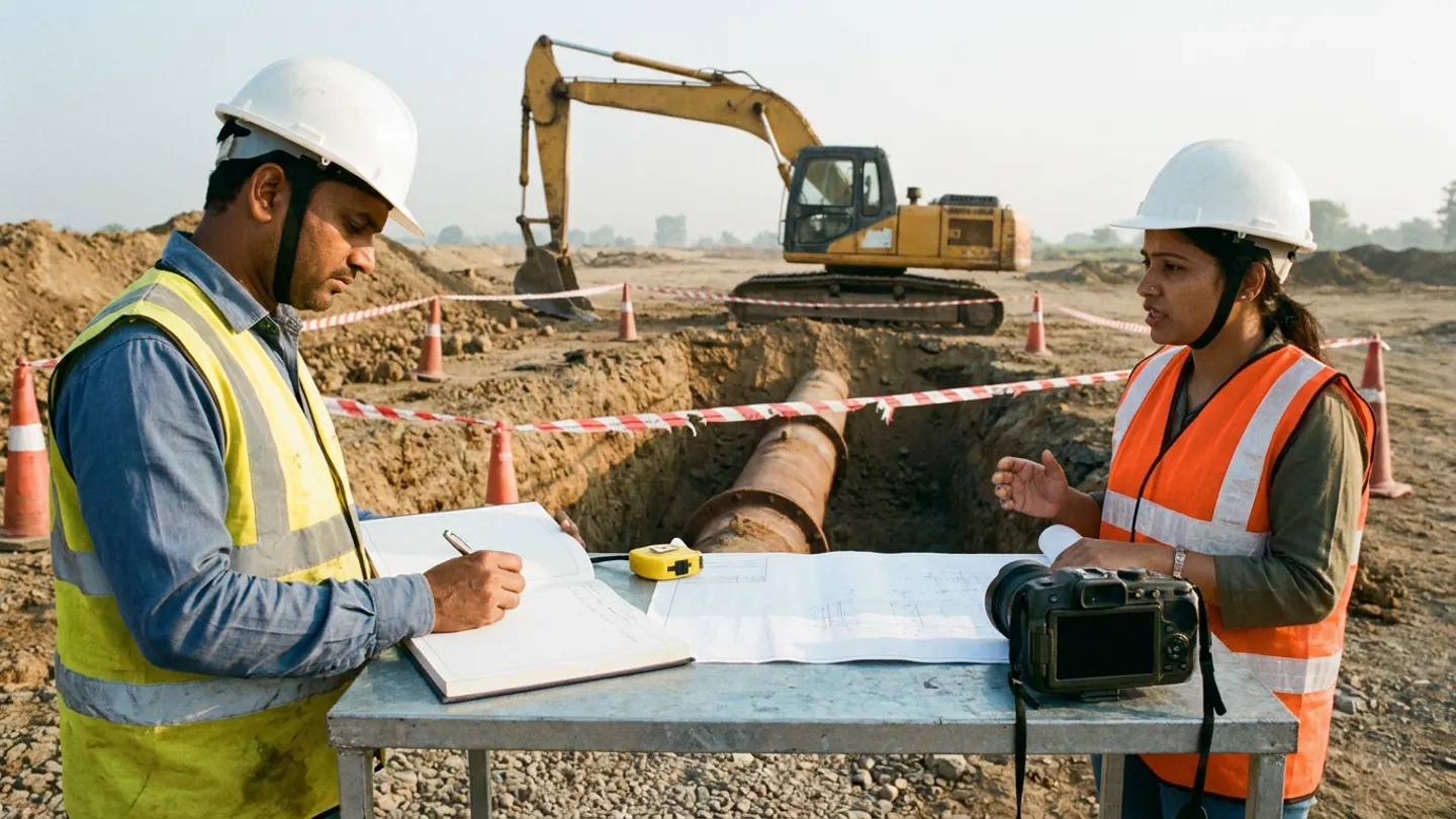 Indian resident planning engineer in a white safety helmet and yellow high-visibility vest writing in an open hindrance register book with a pen and female site section engineer in a white safety helmet and orange high-visibility vest standing at a galvanised-steel field table holding an unrolled utility alignment drawing, a closed yellow tape measure, and a matte-black field camera in front of a cordoned-off excavation trench with an exposed ductile-iron utility pipe and an idle yellow hydraulic excavator