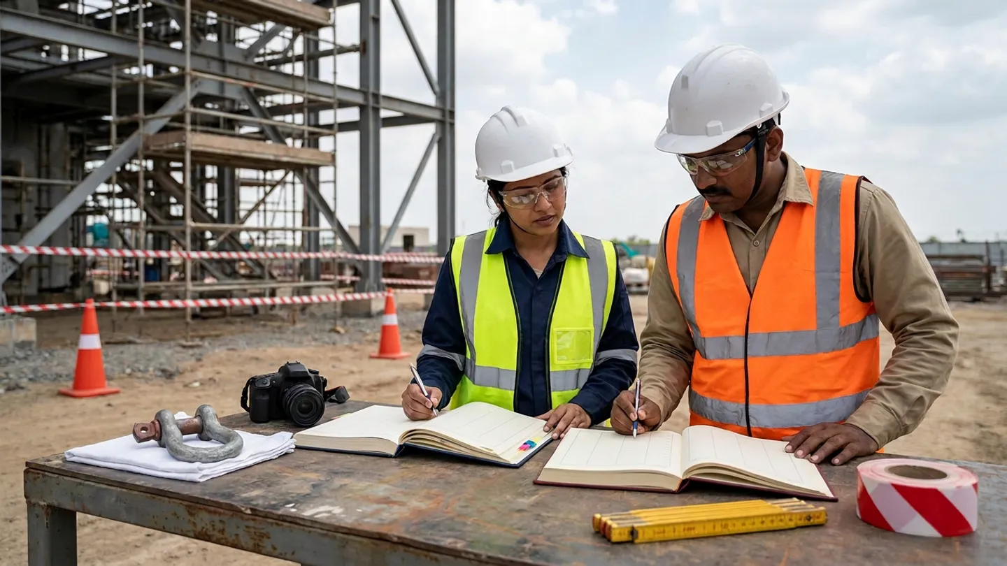 Indian female lead EHS officer in a white safety helmet, clear safety glasses, navy work shirt, and yellow-green high-visibility vest and male area construction manager in a white safety helmet, clear safety glasses, khaki work shirt, and orange high-visibility vest standing at a steel field table reviewing an open navy colour-tabbed hardcover incident-fact register and an open burgundy hardcover investigation-findings binder with pens, beside a forged steel bow shackle on a folded white cloth, a black DSLR camera, a yellow folding carpenter's rule, and a roll of red-and-white barrier tape in front of a structural steel and scaffolding bay cordoned off with red-and-white barrier tape and two orange traffic cones