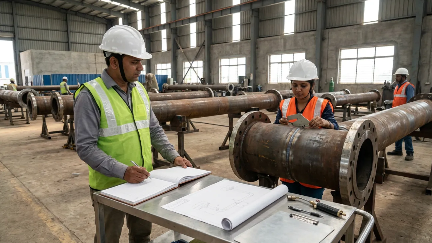 Indian EPC QA/QC manager in a white safety helmet and yellow-green high-visibility vest pointing with a pen to an open hardcover ITP register book and female client welding inspector in a white safety helmet and orange high-visibility vest applying a stainless-steel weld fillet gauge to the circumferential butt weld of a flanged carbon-steel pipe spool beside a mobile stainless-steel inspection cart holding an unrolled piping isometric drawing, a brushed-aluminium clipboard, a brass preheat torch head, and a pen inside a process piping fabrication bay