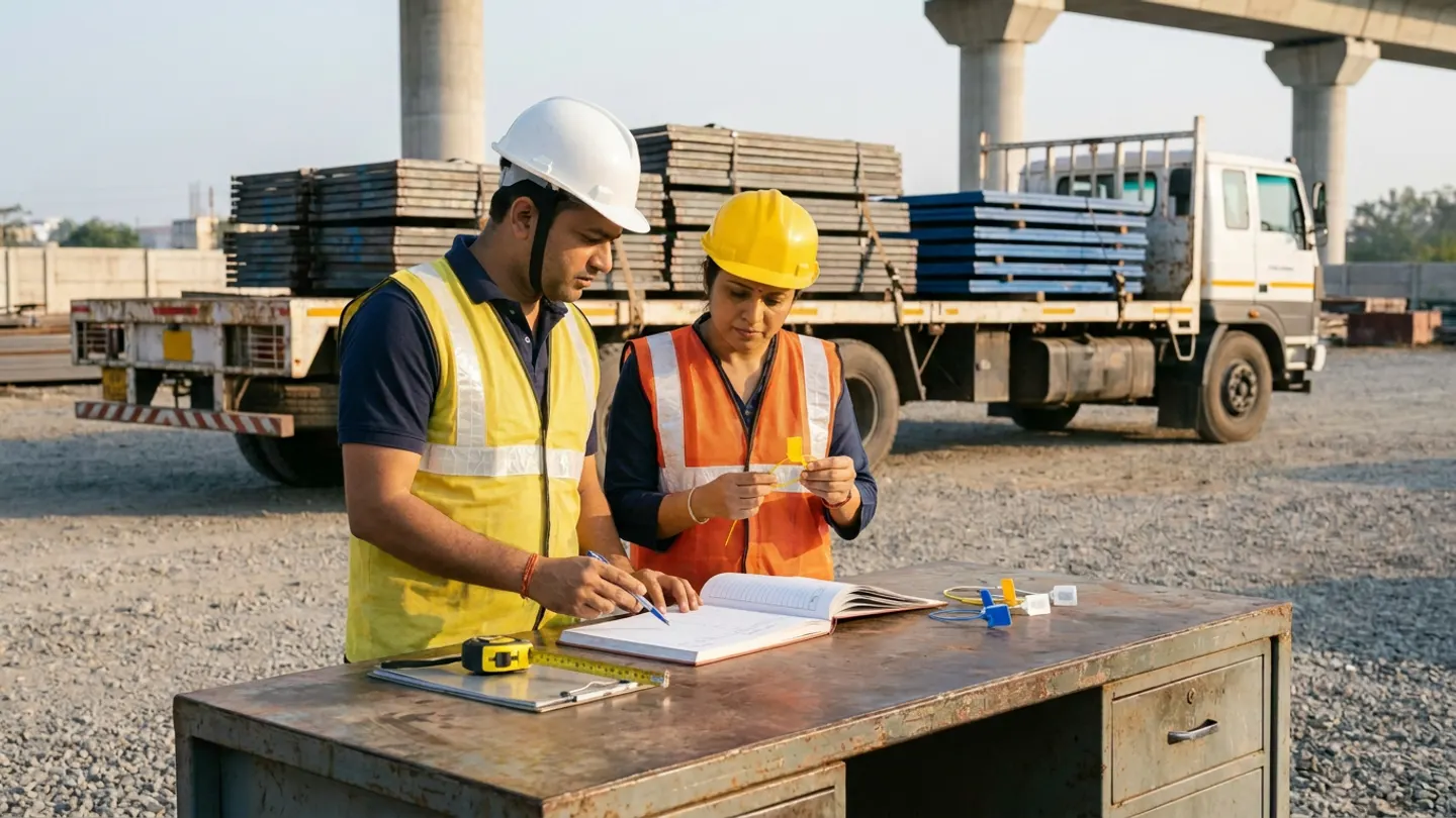 Indian outbound site logistics coordinator in a white safety helmet and yellow high-visibility vest pointing with a pen to an open hardcover transit register while a female transit yard supervisor in a yellow safety helmet and orange high-visibility vest inspects a yellow plastic cable security seal at a steel dispatch desk holding a closed yellow tape measure on an aluminium clipboard and extra blue, yellow, and white cable security seals, with a flatbed truck loaded with strapped steel shuttering plates beneath concrete viaduct piers in the background