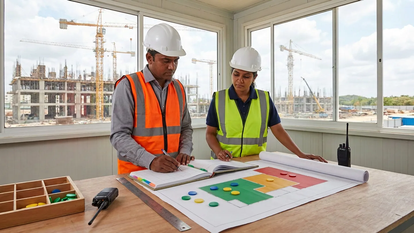 Indian male general site superintendent in a white safety helmet, grey collared shirt, and orange high-visibility vest and female labour deployment coordinator in a white safety helmet, navy collared shirt, and yellow-green high-visibility vest standing at a wide timber planning table reviewing an open colour-tabbed hardcover daily crew-allocation register with pens alongside an unrolled architectural zone plan shaded with green, amber, and red zones and marked with round coloured magnetic tokens, beside a compartmentalised wooden box of magnetic tokens, a steel straightedge ruler, and two black handheld two-way radios overlooking a reinforced-concrete building structure and tower cranes