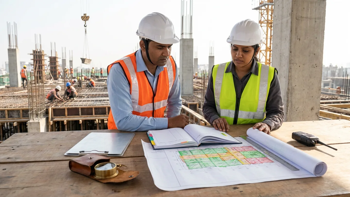 Indian male construction planning engineer in a white safety helmet, light-blue shirt, and orange high-visibility vest and female civil section superintendent in a white safety helmet, dark-grey shirt, and yellow-green high-visibility vest standing at a timber site desk reviewing an open colour-tabbed hardcover crew-productivity logbook and an unrolled structural deck layout plan shaded with green, amber, and red work-front readiness zones beside a steel straightedge ruler, a brushed-aluminium clipboard, a brass-cased anemometer in an open leather pouch, and a two-way radio overlooking an active reinforced-concrete deck and rebar work front