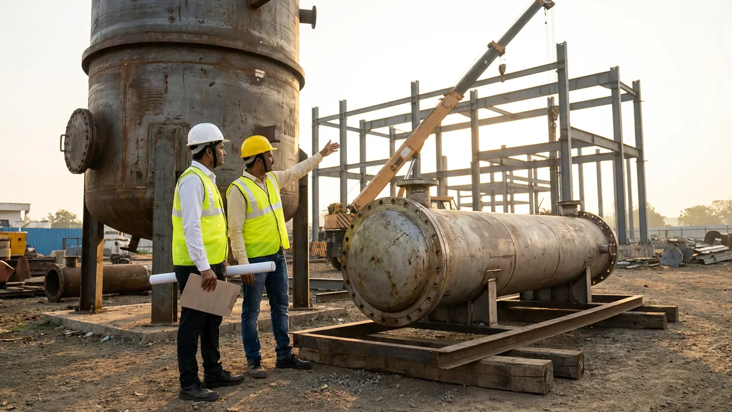 Two Indian EPC project engineers in white and yellow hard hats and high-visibility vests standing beside a heavy cylindrical steel heat-exchanger skid and vertical pressure vessel on timber dunnage, gesturing toward a structural steel erection frame and mobile crane boom
