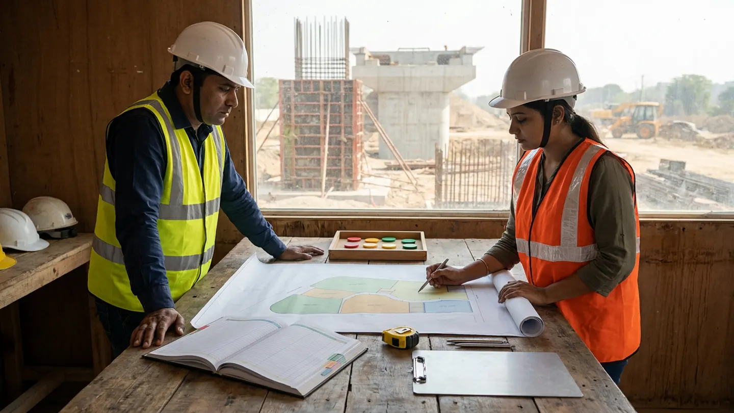 Indian civil construction superintendent in a white safety helmet and yellow high-visibility vest and female lookahead planning engineer in a white safety helmet and orange high-visibility vest pointing with a pen to an unrolled colour-zoned work-front drawing on a timber cabin table beside an open colour-tabbed constraint register book, a wooden tray of red, yellow, and green status discs, a closed yellow tape measure, a brushed-aluminium clipboard, and two pens overlooking concrete bridge pier construction