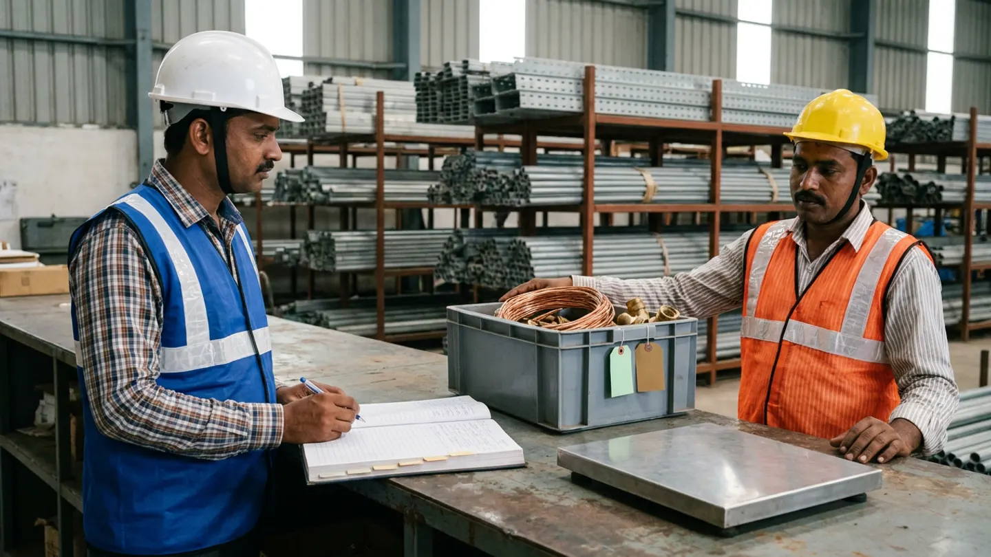 Indian site stores controller in a white safety helmet and royal-blue reflective vest over a checked shirt writing in an open colour-tabbed issue-and-return ledger book with a pen across a steel counter from a subcontractor supervisor in a yellow hard hat and orange reflective vest returning a grey plastic tote bin of coiled copper earthing braids and brass cable glands fitted with two blank colour-coded tags beside a stainless-steel bench scale platform