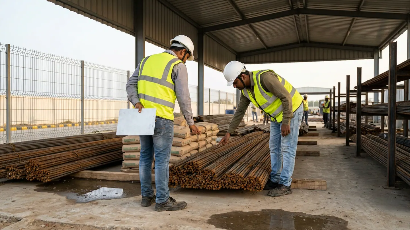 Two Indian EPC civil and site-stores engineers in white hard hats and reflective vests inspecting bundled reinforcement steel bars and stacked cement bags on timber dunnage under a covered project laydown shed.