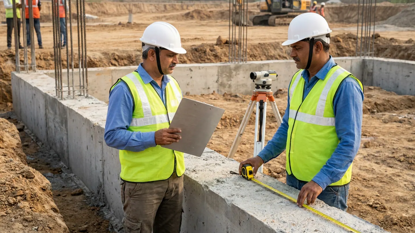 Two Indian civil and billing engineers in white hard hats and reflective vests measuring a cast reinforced concrete plinth beam with a steel measuring tape and optical auto-level on a tripod.