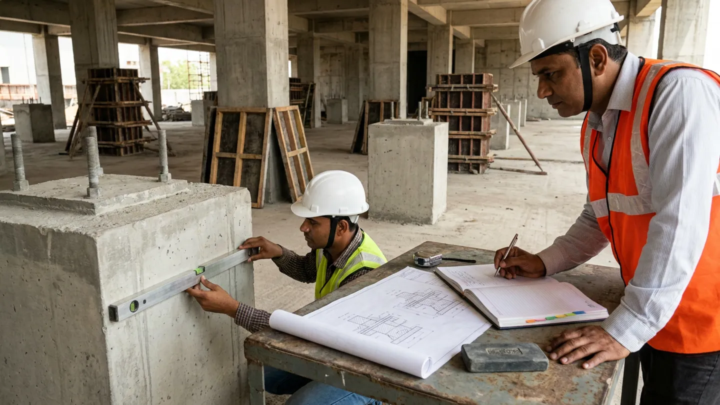 Indian QA/QC civil inspector in a white safety helmet and yellow-green high-visibility vest kneeling to hold an aluminium spirit level flush against the vertical face of a rectified concrete equipment pedestal with anchor bolts while a senior structural engineer in a white safety helmet and orange high-visibility vest holds a pen over an open colour-tabbed hardcover NCR register book at a steel site desk with an unrolled structural detail drawing, a closed steel tape measure, and a grey mason's rubbing stone inside a reinforced-concrete building bay