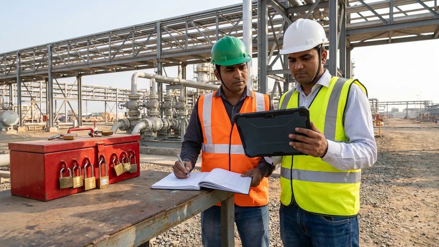 Indian EHS safety officer in a green hard hat and orange high-visibility vest writing in an open permit register with a pen while an area construction engineer in a white safety helmet and yellow reflective vest holds a rugged dark-grey field tablet beside a red steel group lockout-tagout box fitted with brass padlocks in front of industrial pipe racks