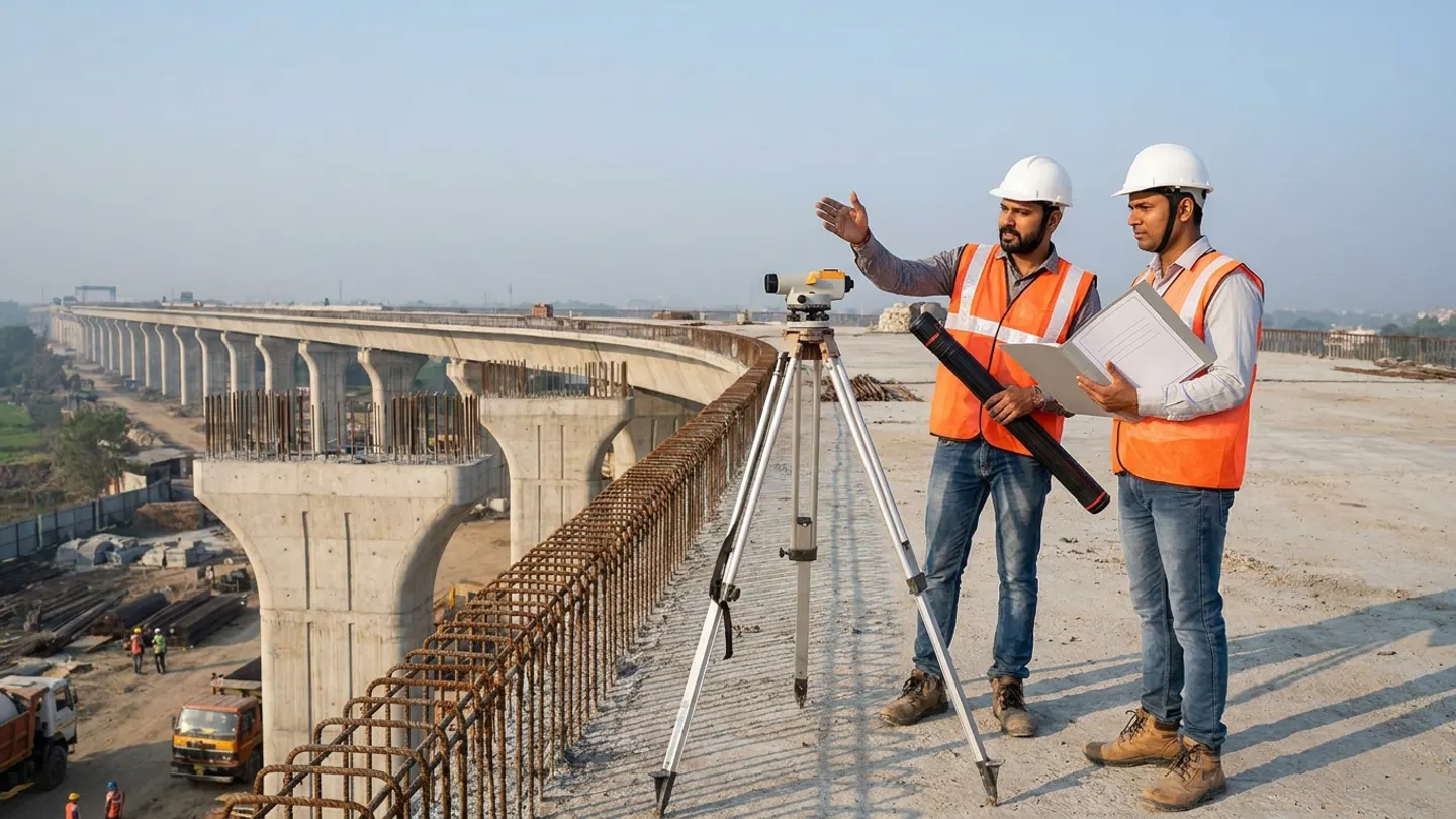 Two Indian infrastructure engineers in white safety helmets and orange reflective vests standing beside a tripod-mounted optical surveying level on an elevated concrete viaduct deck, comparing an open certification binder and drawing tube against completed deck spans and incomplete bridge piers