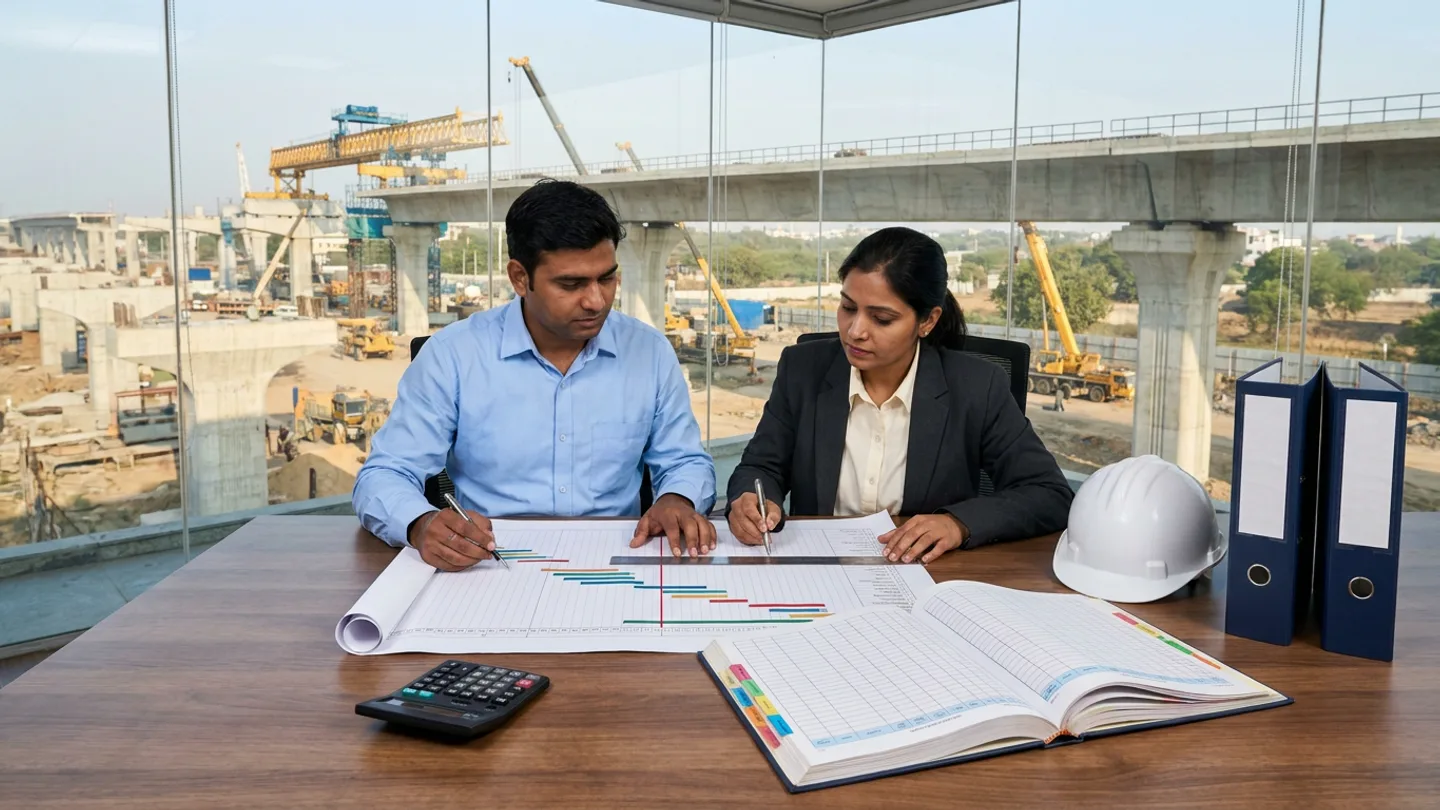 Indian male lead planning engineer in a sky-blue button-down shirt and female project ERP cost controller in a charcoal blazer seated at a walnut conference table aligning an unrolled Gantt schedule bar chart marked with a vertical red status-date line and steel straightedge ruler beside an open colour-tabbed hardcover cost and progress ledger, a desktop calculator, a white safety helmet, and two upright navy lever-arch binders overlooking an elevated concrete viaduct construction site