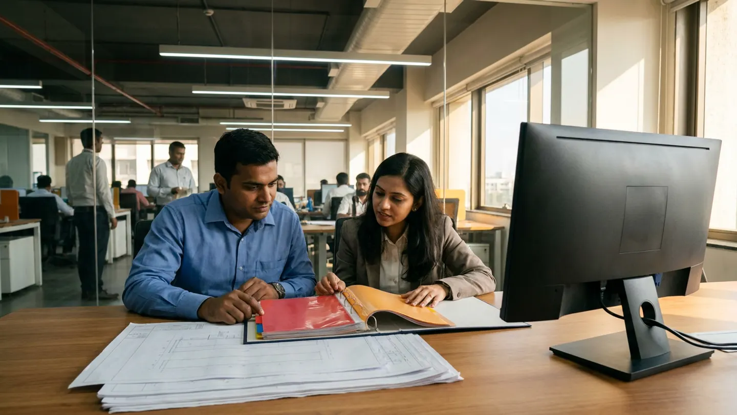 Indian EPC procurement lead and expediting engineer seated at a timber coordination table reviewing a project binder with colour-coded red and amber divider tabs alongside schematic engineering drawings in a glass-walled project office