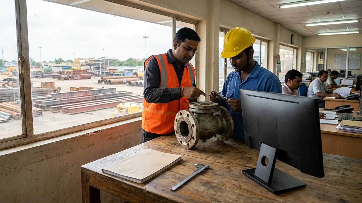 Indian EPC procurement manager in an orange high-visibility vest and materials engineer in a yellow hard hat inspecting a heavy flanged cast-steel valve assembly with a vernier caliper beside a plain Manila purchase folder in a site receiving office overlooking a steel laydown yard