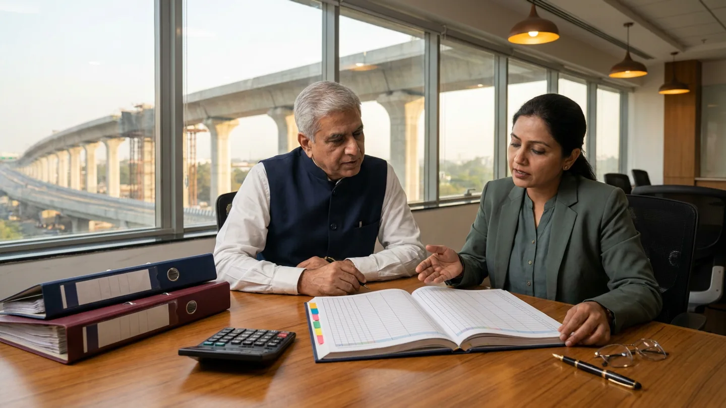 Senior Indian commercial controller in a white shirt and dark-navy waistcoat holding a pen and female project finance manager in an olive-green blazer seated at a teak conference table reviewing an open colour-tabbed certification milestone ledger beside a desktop calculator, stacked navy and burgundy lever-arch binders, metal-rimmed reading glasses, and a fountain pen overlooking an elevated concrete viaduct construction site