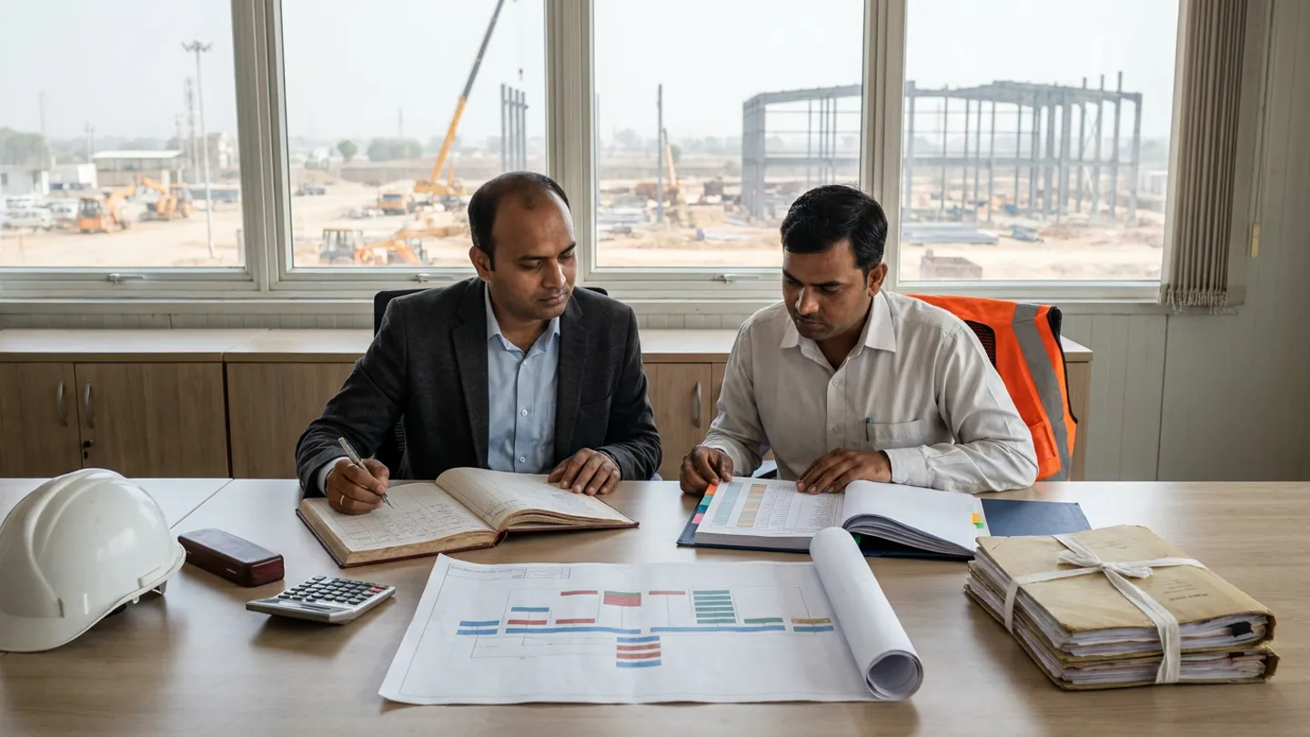 Indian corporate finance controller in a charcoal blazer writing with a pen in an open burgundy general-ledger book and project cost accountant in a white button-down shirt with an orange high-visibility vest draped over his chair reviewing an open colour-tabbed navy project WBS ledger at a conference table holding an unrolled colour-coded cost-breakdown structure diagram, a white safety helmet, a brown leather pen case, a desktop calculator, and audit files tied with white cotton tape overlooking a steel structure construction site