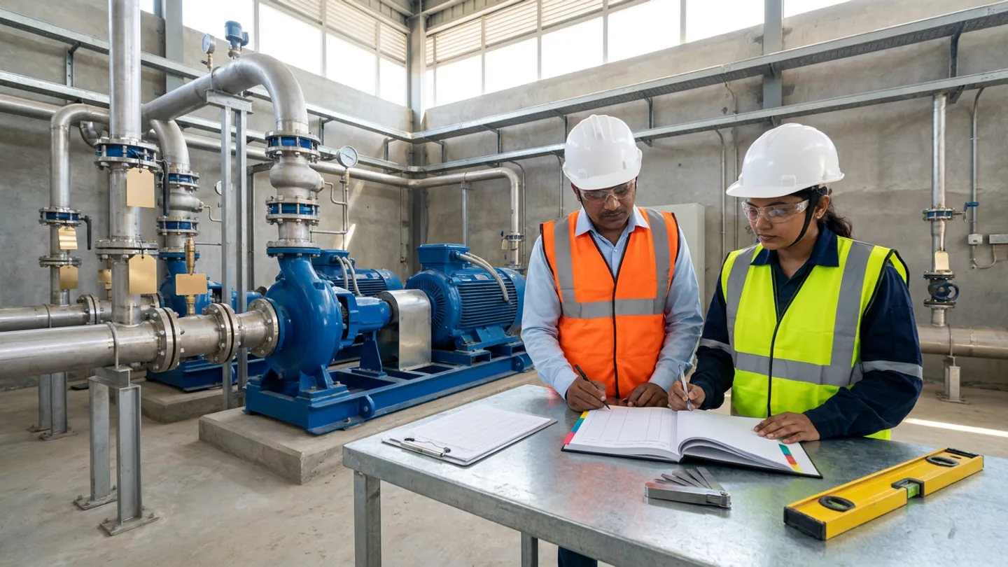 Indian male EPC commissioning engineer in a white safety helmet, clear safety glasses, light-blue shirt, and orange high-visibility vest and female client operations representative in a white safety helmet, clear safety glasses, navy work shirt, and yellow-green high-visibility vest reviewing an open colour-tabbed hardcover punch-list verification register with pens beside a brushed-aluminium clipboard, a steel feeler-gauge set, and a yellow spirit level at a galvanized steel table in front of blue centrifugal pump skids and flanged stainless-steel piping with blank brass valve tags