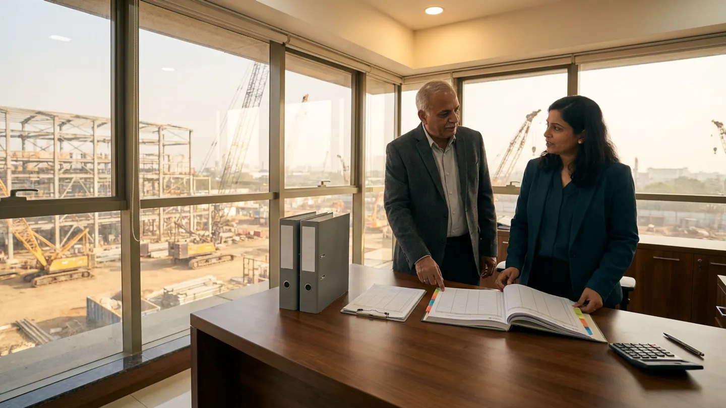 Senior Indian procurement head in a charcoal blazer pointing to an open colour-tabbed purchase-amendment register book beside a female procurement specialist in a deep-teal blazer standing at a dark-teak desk with a brushed-aluminium clipboard, two upright slate-grey lever-arch binders, a matte-black calculator, and a pen overlooking an industrial steelwork yard with crawler cranes