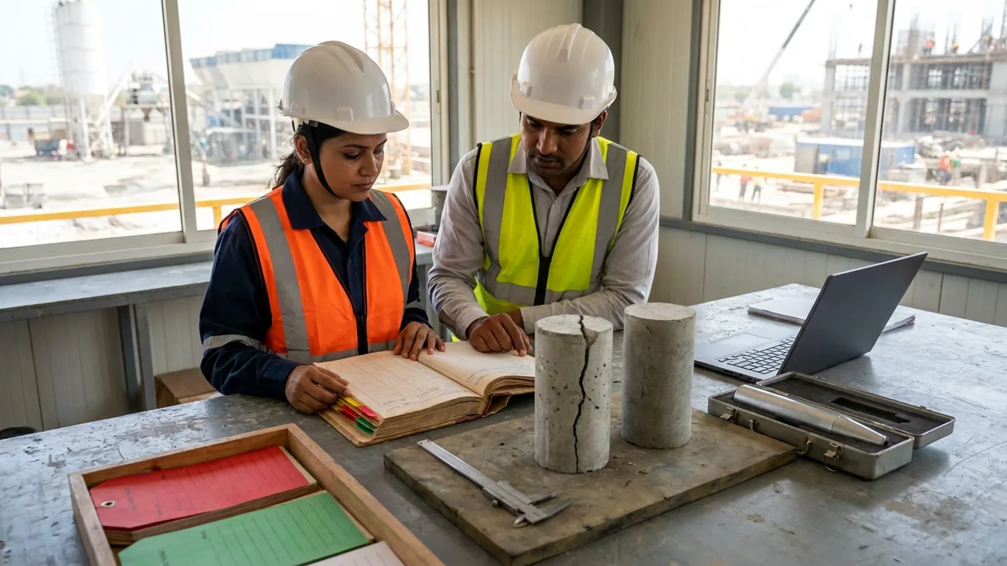 Indian female QA/QC lead engineer in a white safety helmet, navy work shirt, and orange high-visibility vest and male structural site engineer in a white safety helmet, light-grey shirt, and yellow-green high-visibility vest standing at a metal workbench reviewing an open colour-tabbed hardcover inspection-and-rework register beside two cylindrical grey concrete test specimensโone intact and one fractured under compressionโon a wooden board, a steel vernier caliper, a cylindrical silver rebound hammer in an open metal case, an open dark-grey laptop, and a wooden tray of blank red and green quarantine tags overlooking a concrete batching and construction area