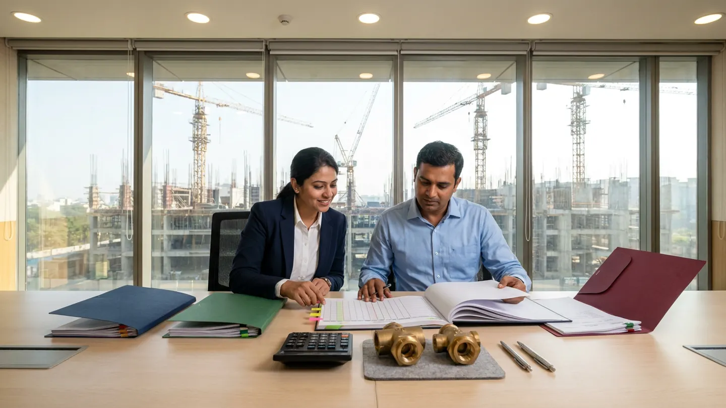 Indian female procurement manager in a navy blazer and male senior quantity surveyor in a light-blue shirt seated at a light-ash conference table reviewing an open commercial comparison ledger book with coloured margin flags and three navy, forest-green, and burgundy quotation folders beside a matte-black calculator, two machined brass industrial valve samples on a grey felt pad, and two pens overlooking tower cranes