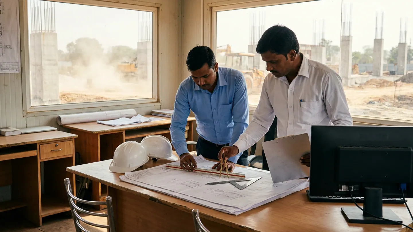Two Indian quantity surveyors in a site office cabin overlooking concrete foundation pillars, reviewing structural drawings with a triangular scale ruler, brass divider, and aluminium clipboard.