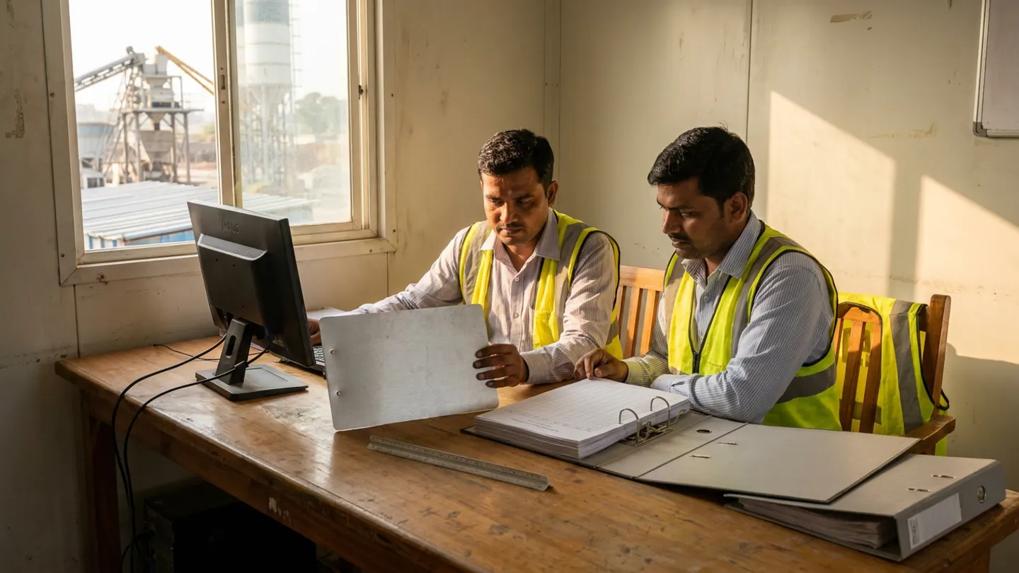 Two Indian EPC commercial and project-controls engineers in yellow reflective vests seated at a timber desk inside a modular site cabin reviewing an open arch-lever measurement binder beside an aluminium scale ruler and grey audit files, with a concrete batching plant visible through the window