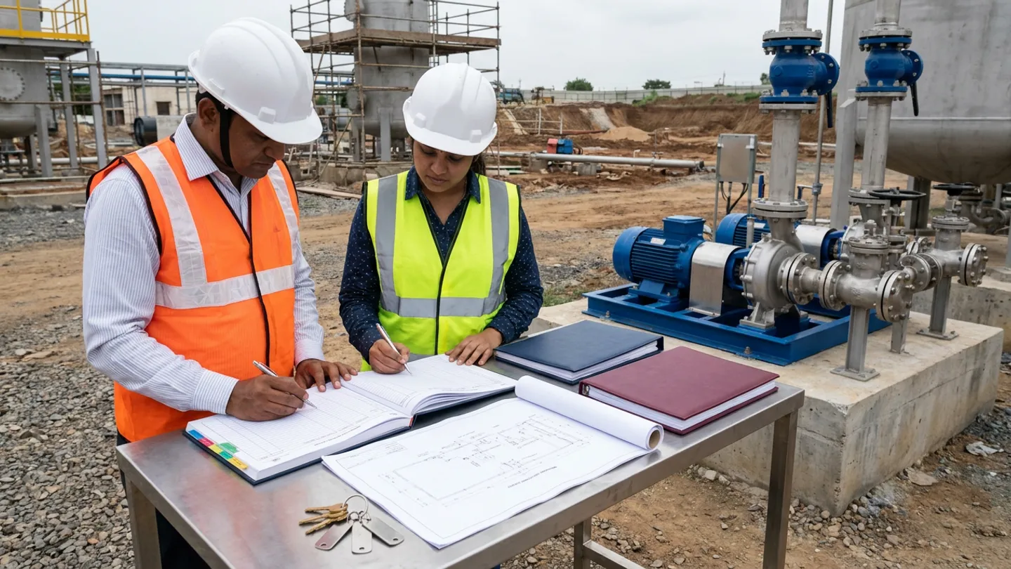 Indian contracts and billing manager in a white safety helmet and orange high-visibility vest and female client handover engineer in a white safety helmet and yellow-green high-visibility vest reviewing an open colour-tabbed hardcover retention release register with pens at a stainless-steel field table holding a navy binder, a burgundy binder, an unrolled mechanical completion layout drawing, and brass keys on a ring with blank metal tags beside a blue centrifugal pump skid and stainless-steel valve manifold