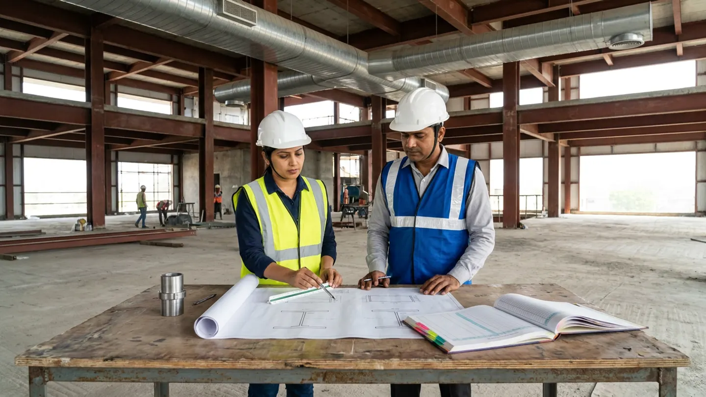 Indian female structural design coordinator in a white safety helmet and yellow high-visibility vest pointing with a pen alongside a scale ruler on an unrolled structural beam drawing and male contracts engineer in a white safety helmet and royal-blue high-visibility vest standing at a plywood-and-steel site workbench with an open colour-tabbed hardcover register book, a machined steel pipe sleeve sample, and two pens inside a multi-storey steel building under construction