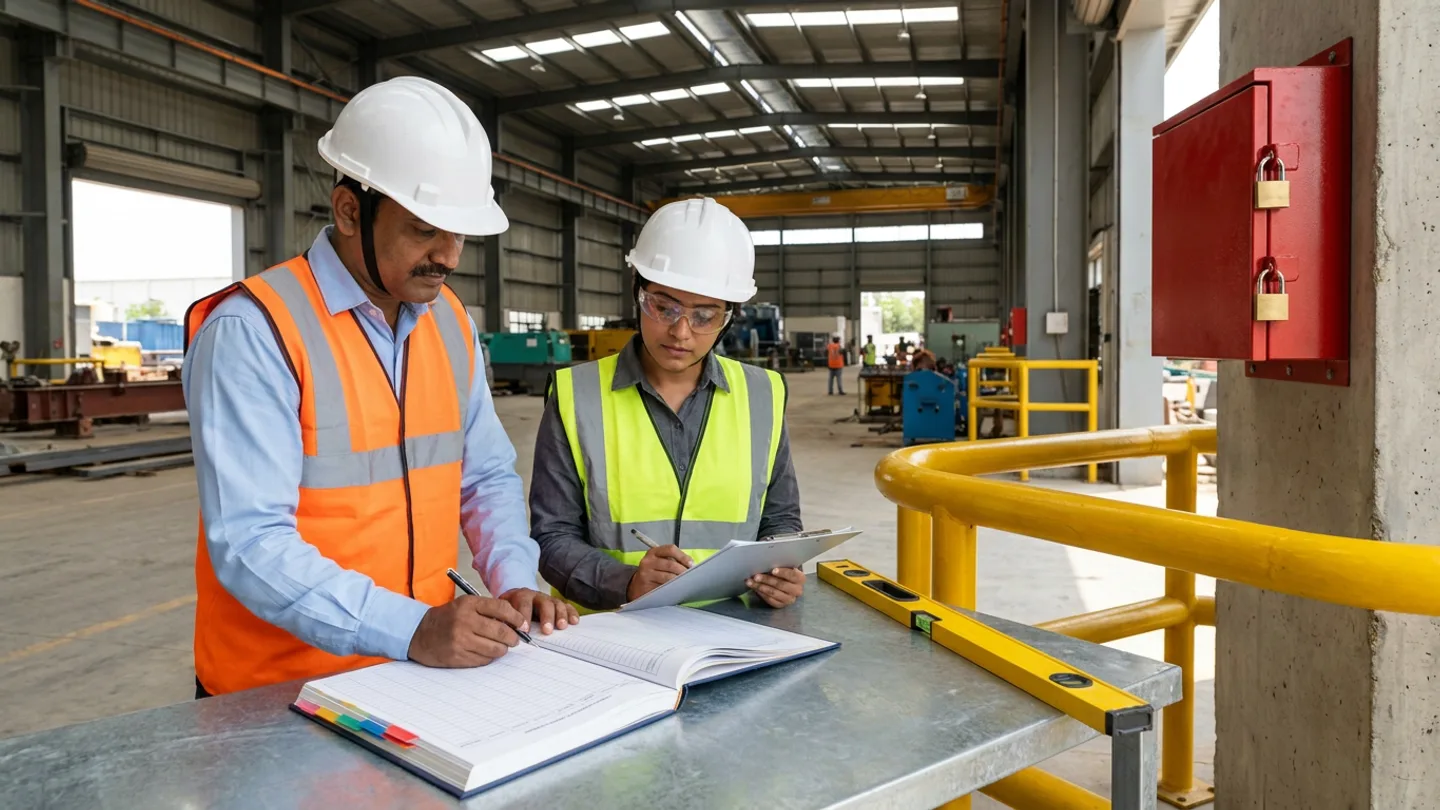 Indian male senior HSE manager in a white safety helmet, light-blue shirt, and orange high-visibility vest and female electrical isolation engineer in a white safety helmet, clear safety glasses, and yellow-green high-visibility vest reviewing an open colour-tabbed hardcover corrective action closure register and a clipboard with pens at a galvanized steel field desk with a yellow spirit level, beside a yellow tubular steel safety barrier rail and a column-mounted red steel lockout box secured with two brass padlocks inside a high-bay construction facility