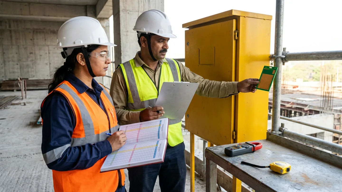 Indian female HSE inspection lead in a white safety helmet, clear safety glasses, and orange high-visibility vest holding an open colour-ruled hardcover safety inspection register and pen beside a male zone superintendent in a white safety helmet and yellow-green high-visibility vest holding a brushed-aluminium clipboard and inspecting a green-and-tan scaffold tag holder clipped to a galvanized steel guardrail upright next to a yellow steel electrical enclosure, with a digital clamp meter and yellow tape measure on a metal work table