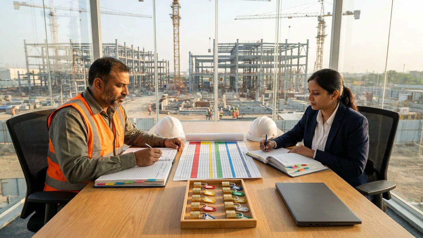 Indian male project HSE director in an olive-grey shirt and orange high-visibility vest and female safety systems lead in a navy blazer reviewing two open colour-tabbed hardcover safety escalation registers with pens across an oak table with an unrolled colour-banded approval matrix chart, a wooden tray of brass isolation padlocks with colour-coded key tags, a closed dark-grey laptop, and two white safety helmets overlooking a multi-crane construction site