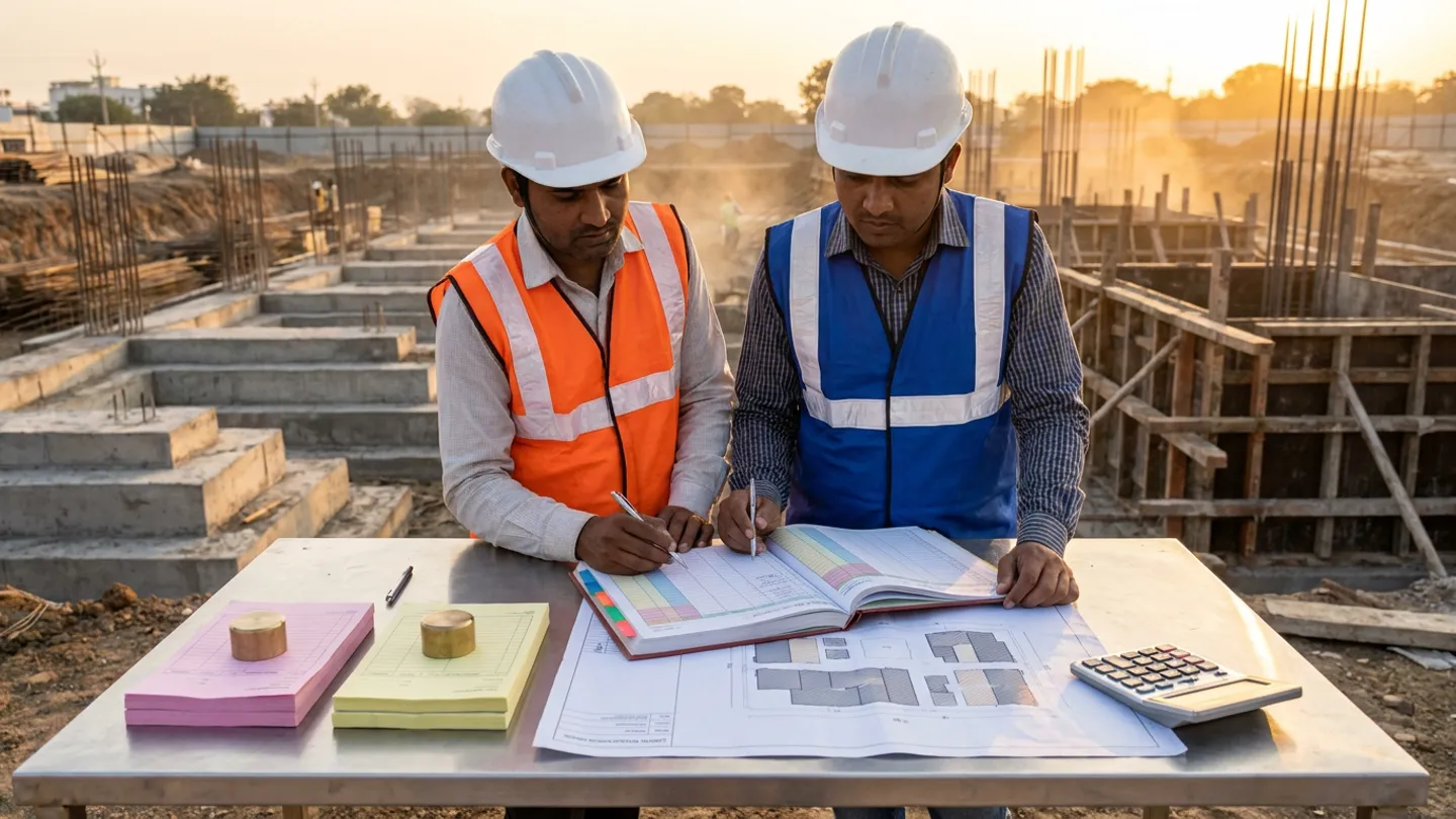 Indian site finance officer in a white safety helmet and orange high-visibility vest and civil package engineer in a white safety helmet and royal-blue high-visibility vest reviewing an open colour-tabbed hardcover month-end accrual register with pens at a stainless-steel field table holding pink and yellow receiving slip stacks weighed down by brass cylinders, an unrolled foundation pour progress drawing with hatched blocks, a pen, and a desktop calculator beside stepped concrete foundations and rebar cages at sunset