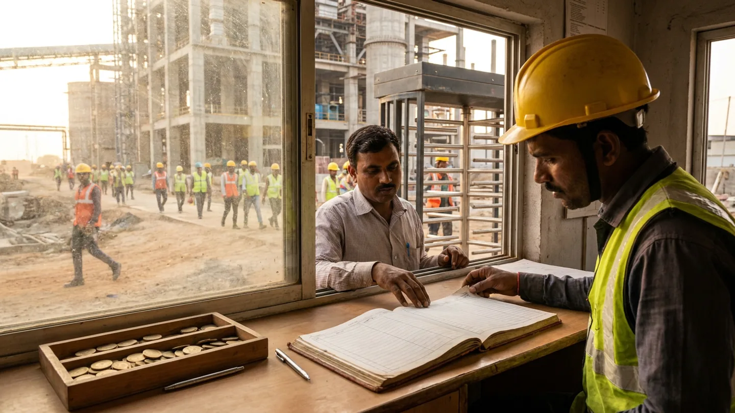 Indian site timekeeper in a checked shirt and labour supervisor in a yellow hard hat and high-visibility vest reviewing an open ruled attendance ledger at a gatehouse window counter beside two pens and a wooden tray of brass muster tokens, with a full-height steel turnstile and construction workers in the background