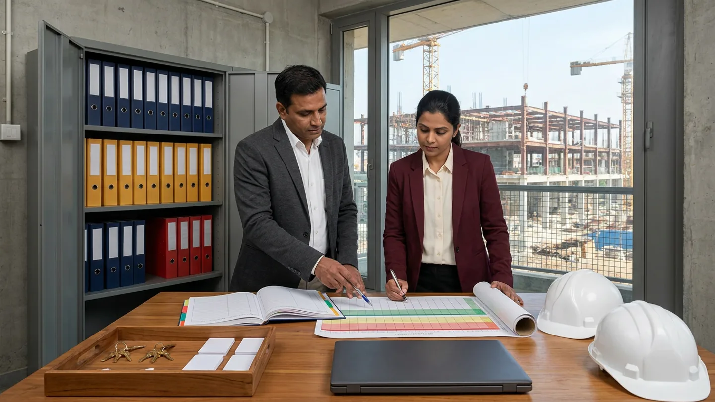 Indian male project information governance officer in a charcoal blazer and white shirt and female records custodian in a burgundy blazer standing at a teak review table beside an open grey steel custody cabinet holding navy, amber, and red archival binders, reviewing an open colour-tabbed hardcover data-access boundary register and an unrolled three-tier green, amber, and red classification chart with pens alongside a wooden tray with brass keys and blank white proximity cards, a closed dark-grey laptop, and two white safety helmets overlooking tower cranes and structural steelwork