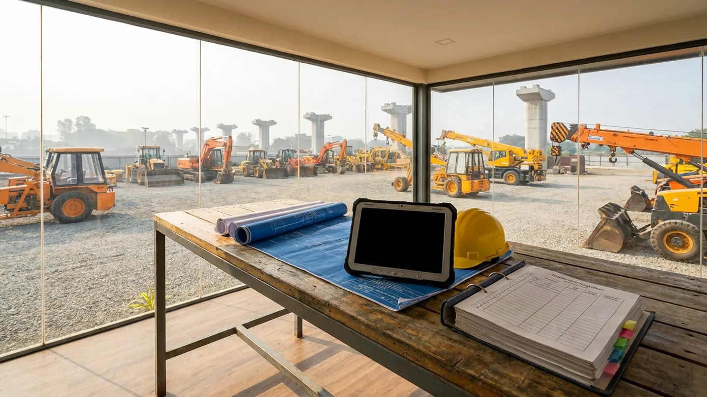 Site engineering office worktable with civil drawings, ruggedised tablet, safety helmet and plant inspection register overlooking an infrastructure equipment staging yard