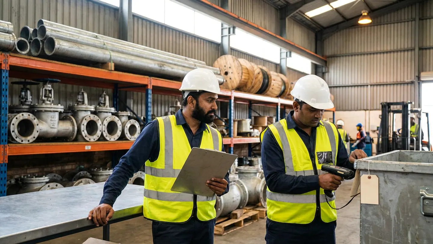Two Indian EPC site-stores controllers in white hard hats and reflective vests scanning a blank bin tag on a steel crate beside heavy-duty racking holding flanged valves, galvanised pipes, and wooden cable drums.