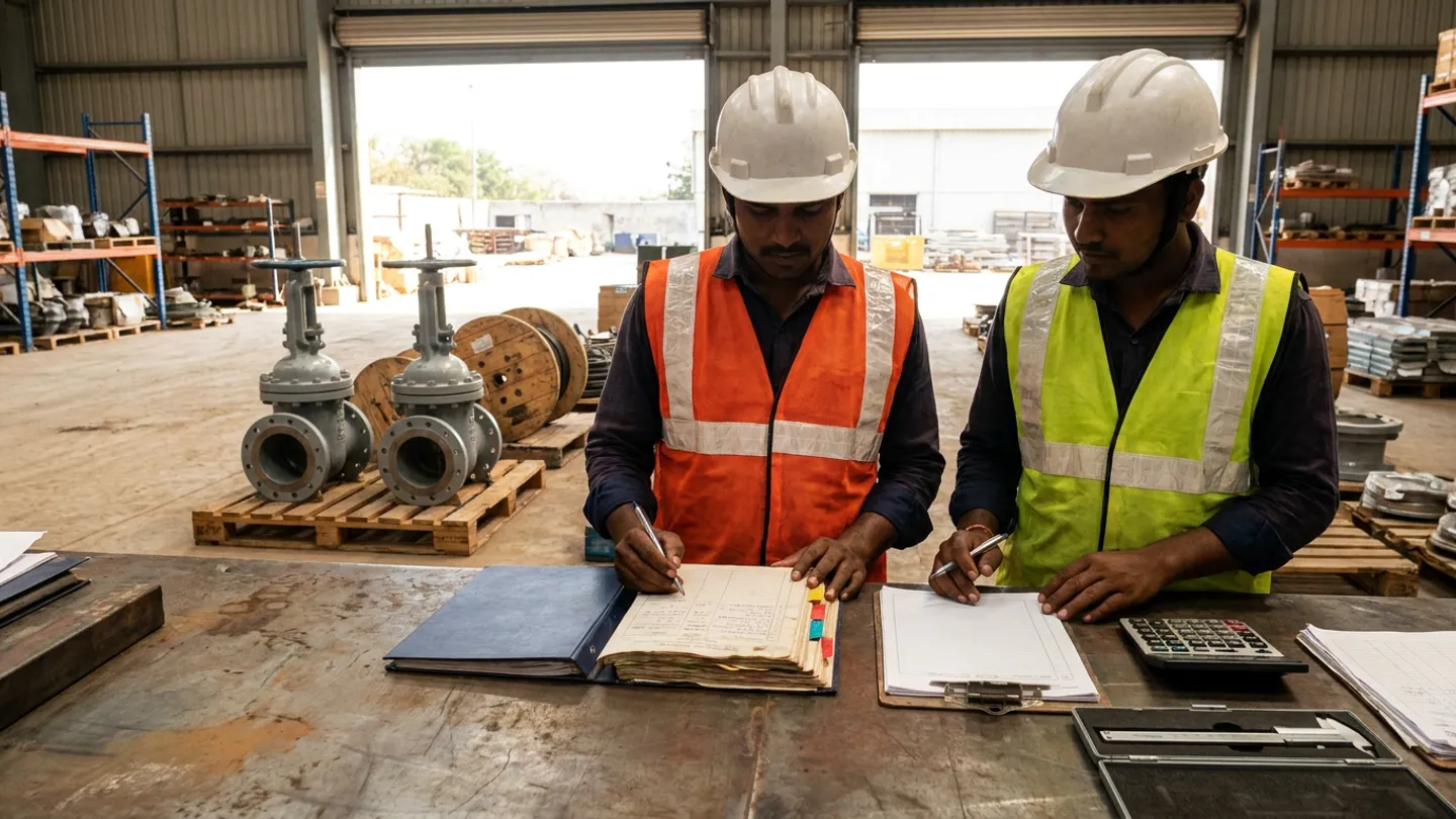 Indian accounts payable verification officer in a white safety helmet and orange high-visibility vest and male site stores controller in a white safety helmet and yellow-green high-visibility vest matching entries with pens across an open colour-tabbed navy goods-receipt register and a clipboard holding delivery sheets at a steel receiving counter with a desktop calculator and a stainless-steel vernier caliper in an open case beside palletized grey cast-steel flanged gate valves and wooden cable drums in a warehouse bay
