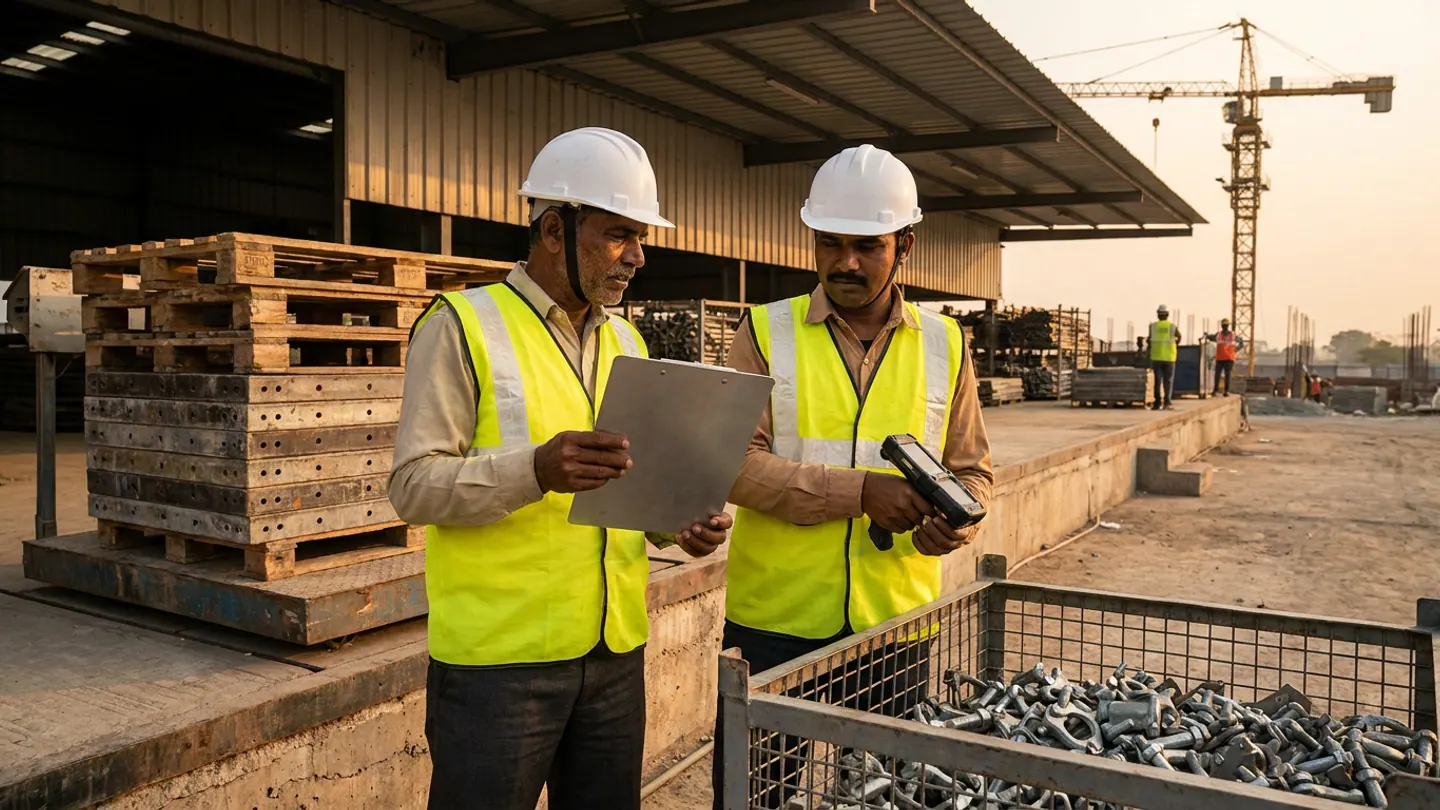 Two Indian civil project engineers in white hard hats and reflective vests with an aluminium clipboard and handheld scanner inspecting steel formwork panels on a platform scale and scaffolding couplers in a steel stillage bin.