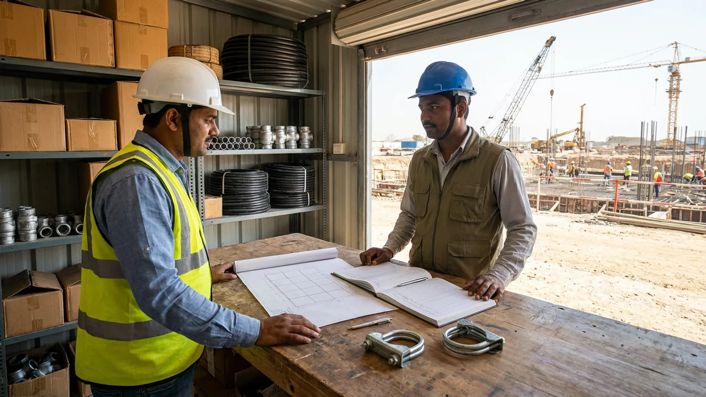 Indian civil work-front engineer in a white safety helmet and yellow reflective vest and site stores coordinator in a blue safety helmet and olive-khaki utility vest standing across a timber requisition counter reviewing an unrolled structural grid drawing and an open material indent register beside two pens and two galvanised steel fittings inside a site stores bay overlooking foundation works