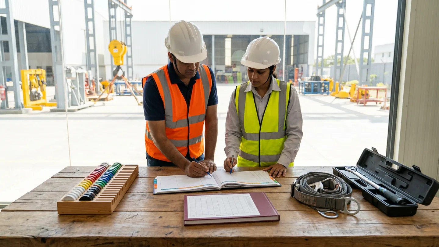 Indian male HSE competency assessor in a white safety helmet, navy polo shirt, and orange high-visibility vest and female mechanical site supervisor in a white safety helmet, light-grey shirt, and yellow-green high-visibility vest reviewing an open colour-tabbed hardcover trade skills authorisation matrix register with pens alongside a closed maroon hardcover attendance logbook, a slotted wooden rack of colour-coded competency discs, a coiled webbing safety harness with metal D-rings, and a torque wrench in an open black moulded case on a timber table overlooking a rigging and fabrication yard