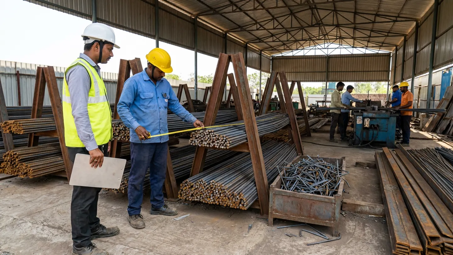 Indian quantity surveyor in a white helmet and yellow reflective vest holding a brushed-aluminium clipboard while a rebar yard supervisor in a yellow hard hat measures sorted reusable TMT reinforcement bundles in steel A-frame cradles beside a scrap offcut bin