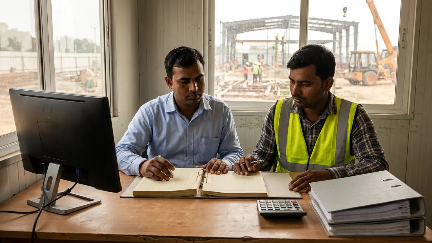 Indian EPC commercial contracts manager in a blue collared shirt and subcontractor billing engineer in a reflective vest seated at a site office desk comparing an open arch-lever ledger with a desktop calculator and grey project files, overlooking a structural steel workfront