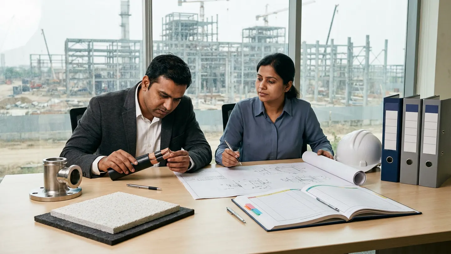 Indian lead MEP engineer in a charcoal blazer inspecting a cut-away armoured copper power cable sample and female technical submittal coordinator in a slate-blue shirt holding a pen over an unrolled equipment drawing seated at a light-ash conference table with a stainless-steel flanged pipe tee fitting, an acoustic tile sample on a dark felt pad, an open colour-tabbed submittal register, a white safety helmet, three upright navy and grey lever-arch binders, and three pens overlooking structural steelwork