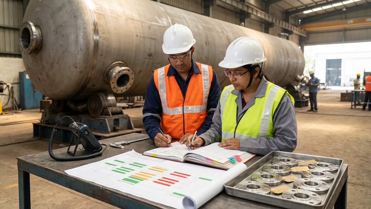 Indian male EPC vendor expediting engineer in a white safety helmet, clear safety glasses, navy work shirt, and orange high-visibility vest and female vendor fabrication quality manager in a white safety helmet, clear safety glasses, grey shop coat, and yellow-green high-visibility vest standing at a steel inspection table reviewing an open colour-tabbed hardcover expediting milestone register and an unrolled fabrication sequence diagram with green, amber, and red stage blocks with pens, beside an ultrasonic thickness gauge with coiled cable, a steel vernier caliper, and a metal tray of machined stainless-steel flange rings with wire-tied tags in front of a cylindrical steel pressure vessel shell on roller supports