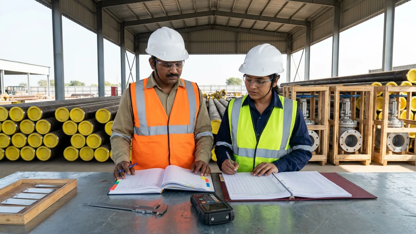Indian male site materials controller in a white safety helmet, clear safety glasses, khaki work shirt, and orange high-visibility vest and female quality assurance inspector in a white safety helmet, clear safety glasses, navy work shirt, and yellow-green high-visibility vest standing at a steel inspection bench reviewing an open colour-tabbed hardcover surplus-material transfer register and an open maroon three-ring traceability binder with pens, beside a slotted wooden tray of blank metal release tags, a steel vernier caliper, and an ultrasonic thickness gauge with an unlit display in front of stacked carbon-steel line pipes fitted with yellow end caps and timber-crated flanged gate valves